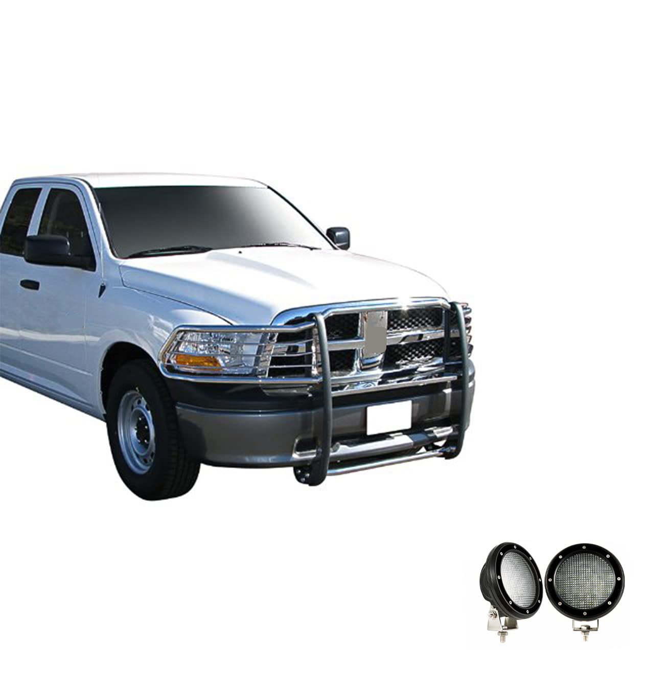 Bumper Guard Modular Black Horse Grille brush Stainless Steel Come with Pair of 5.3"LED Lights with Black Trim Rings Compatible with 2009-2018 Dodge Ram 1500|2019-2024 Ram 1500 Classic-17DG109MSS-PLFB