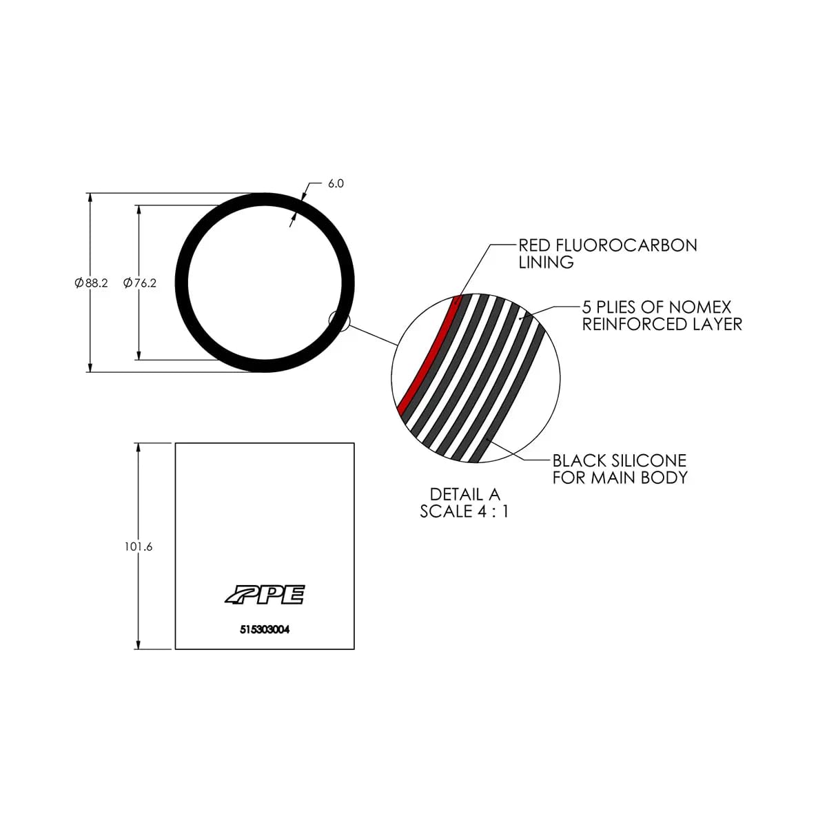 3.0" ID PPE x 4.0" L 6mm 5-ply Performance Silicone for Custom Applications 515303004