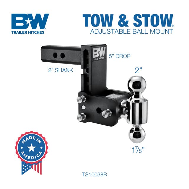B&W Trailer Hitches Adjustable Tow & Stow Trailer Hitch Ball Mount - Fits 2" Receiver, Dual Ball (1-7/8" x 2"), 5" Drop - TS10038B