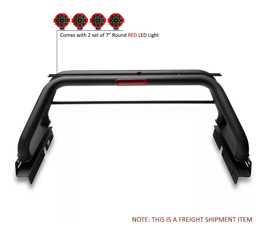 Classic Black Horse Roll Bar Incl. Pair of 7.0" Dia. LED Lights w/Red Trim Rings Compatible with 2005-2021 Nissan Frontier-RB007BK-PLR