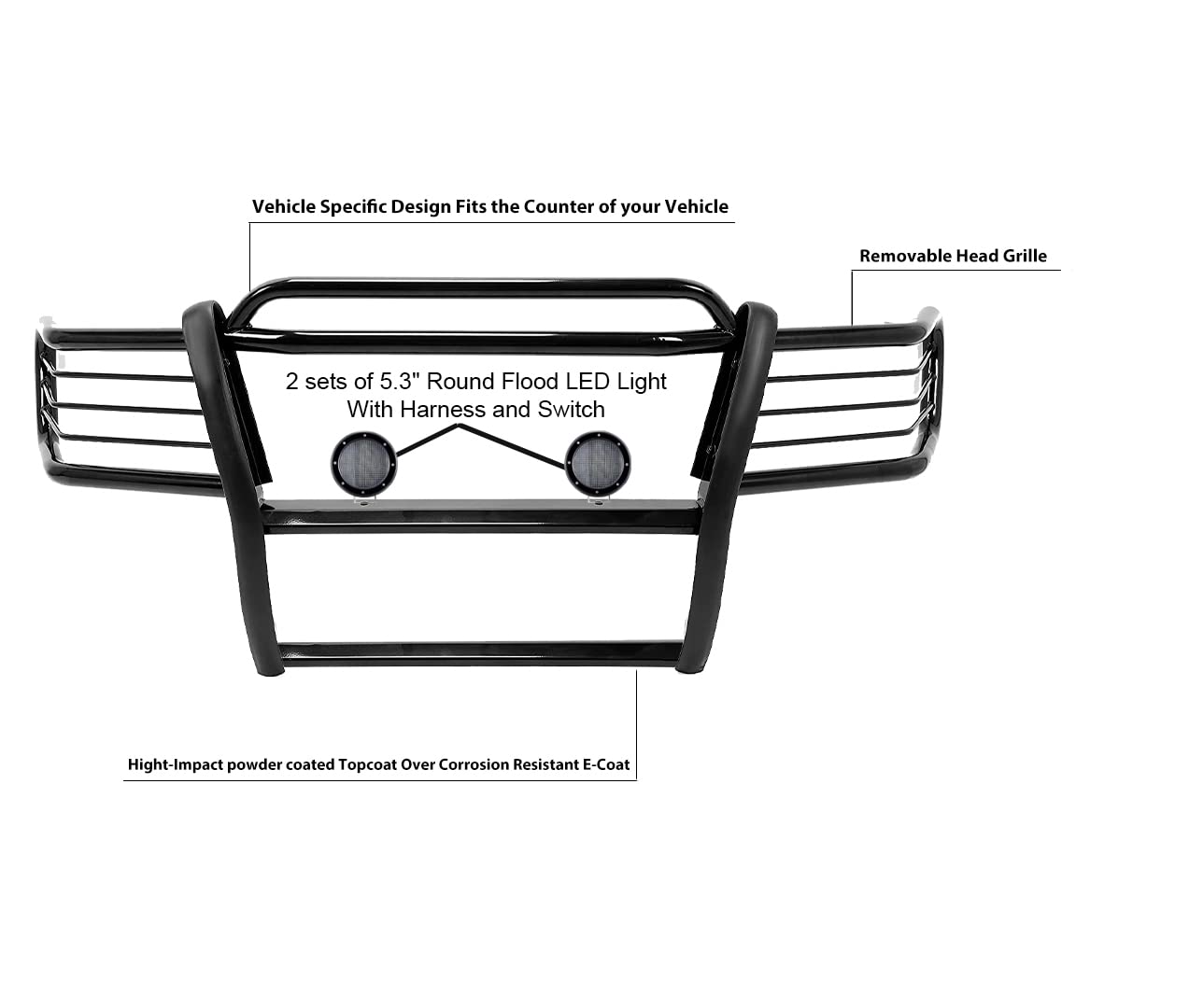 Grille Brush Black Horse Bumper Guard Modular Come with Pair of 5.3" Dia.LED Lights with Black Trim Rings Compatible with 1999-2004 Jeep Grand Cherokee-17EB26MA-PLFB