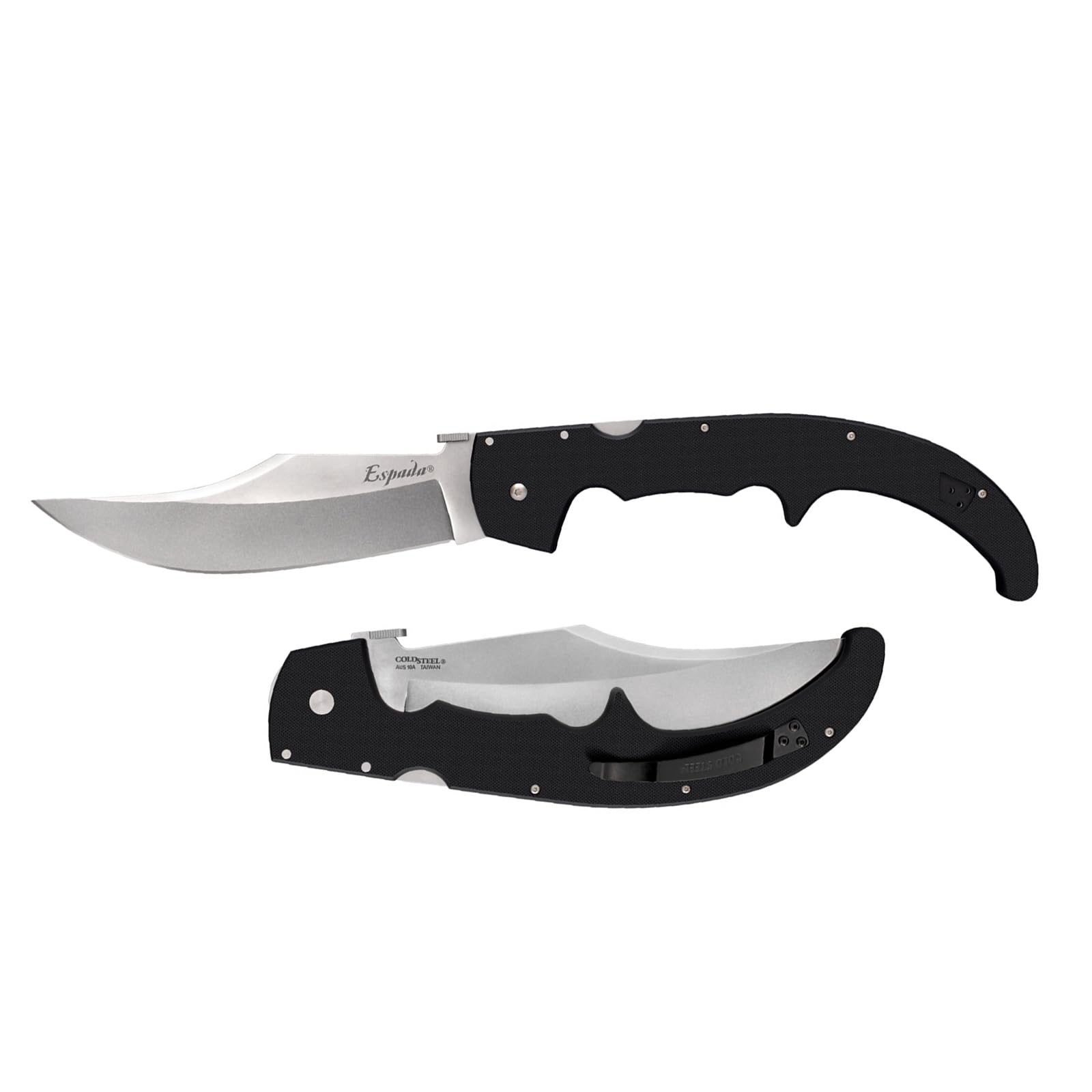 G-10 Cold Steel Folding Knife, X-Large Espada, 7 1/2" stonewashed Blade, Ambidextrous Stainless Pocket/Belt Clip