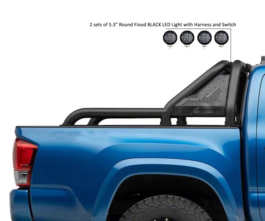 Gladiator Roll Bar Black Incl. Set of 5.3" Dia.Led Lights w/Black Trim Rings Modular Black Compatible with 2019-2022 Ford Ranger-GLRB-07B-PLFB