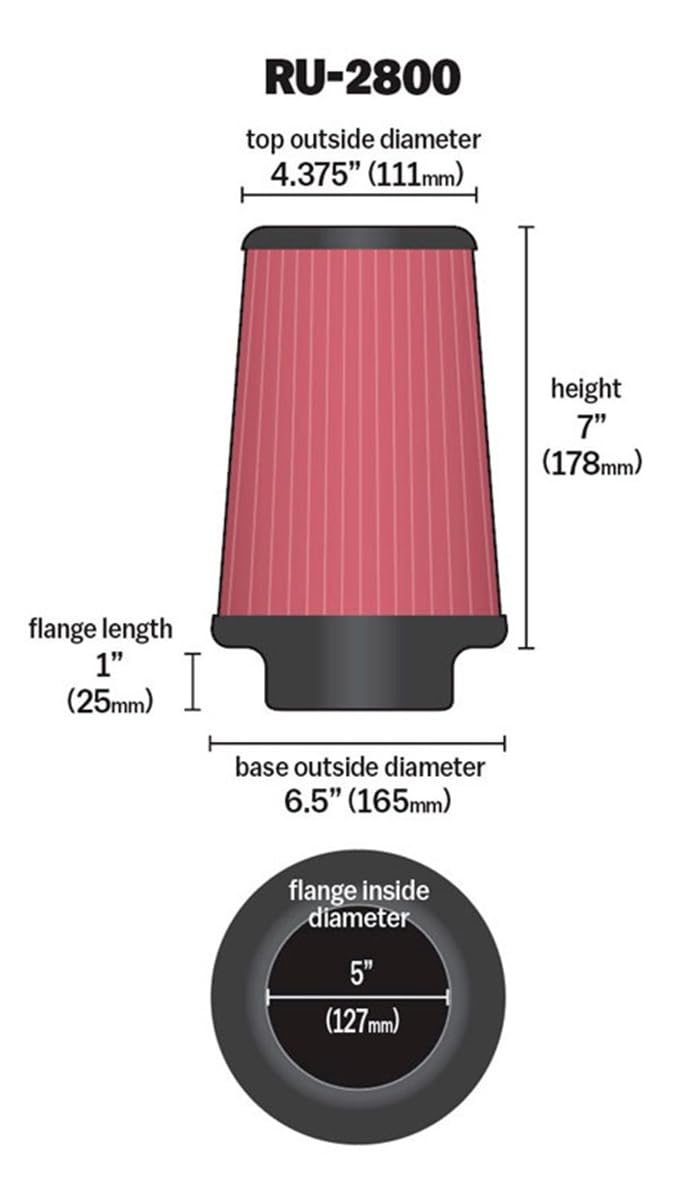 High-Flow K&N Original Lifetime Universal Clamp-On Air Filter: High Performance, Premium, Washable: Flange Diameter: 5 In, Filter Height: 7 In, Flange Length: 1 In, Shape: Round Tapered, RU-2800