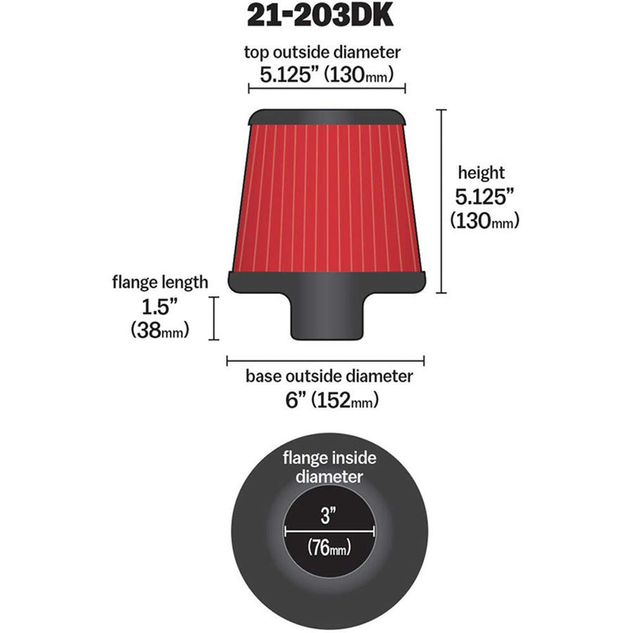AEM 21-203DK Clamp-On Universal DryFlow Air Filter: Round Tapered; 3 in (76 mm) Flange ID; 5.125 in (130 mm) Height; 6 in (152 mm) Base; 5.125 in (130 mm) Top, Red