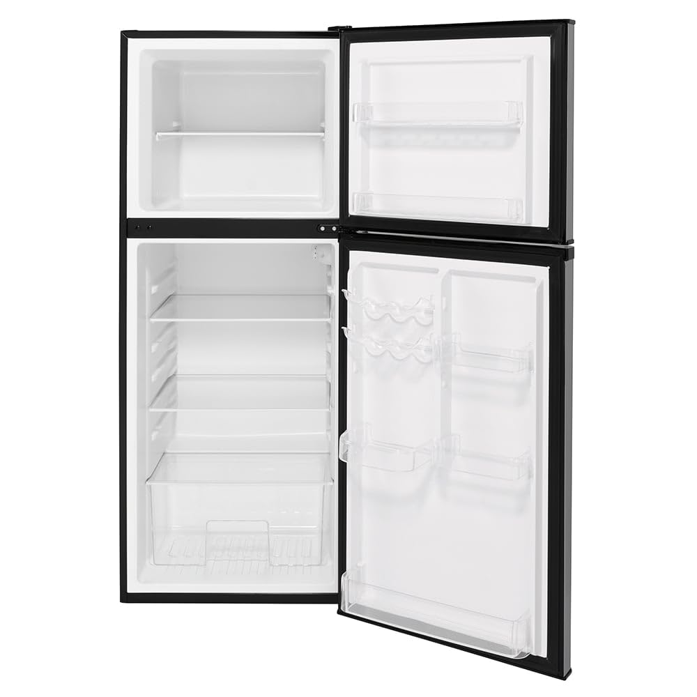 24" GE GPV10FSNSB Top Freezer Refrigerator with 9.93 cu. ft. Capacity 12V DC Power Only LED Lighting and Adjustable Spillproof Glass Shelves in Stainless Steel and Black