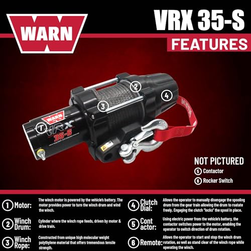 VRX 35-S WARN Powersports Winch with Handlebar Mounted Switch and Synthetic Rope: 3/16" Diameter x 50' Length, 1.75 Ton (3,500 lb) Capacity