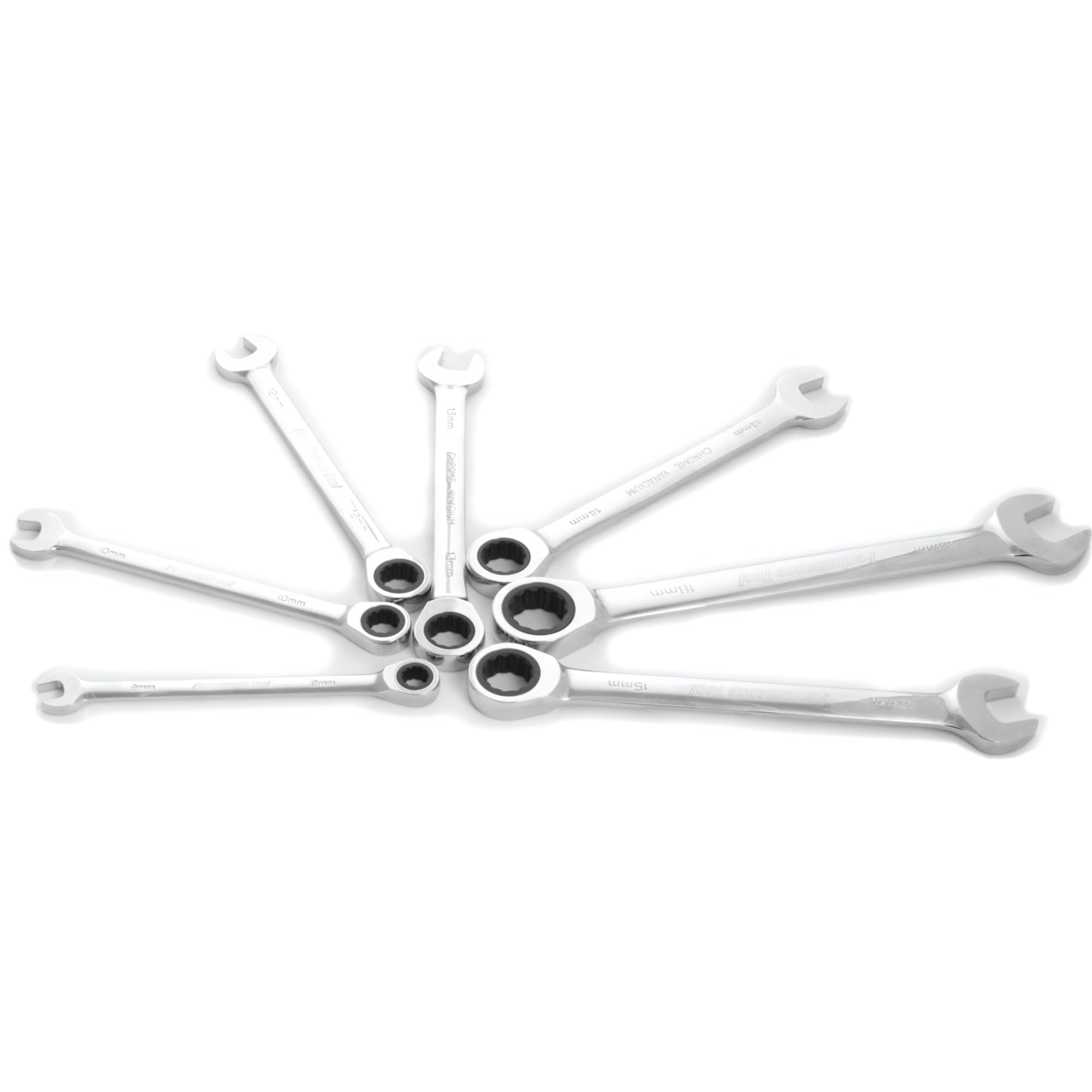 W30631 Performance Tool 7pc Metric Combo Ratcheting Wrench Set | Drop Forged Chrome Vanadium Steel | Corrosion Resistant Finish & 100 Gear Teeth | Sizes: 8, 10, 12, 13, 14, 15 and 18mm