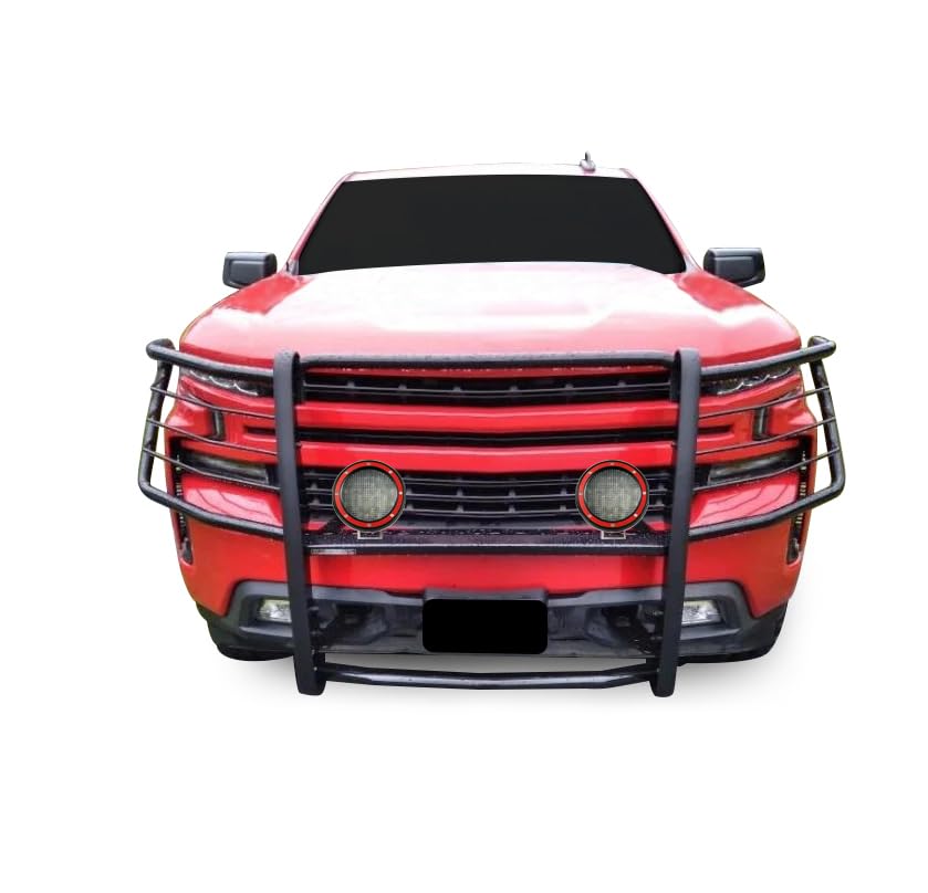 Bumper Guard Black Horse Grille Brush Modular Black Come with Pair of 5.3" Dia.LED Lights with Red Trim Rings Compatible with 2019-2021 Silverado 1500|2022-2022 Silverado 1500 LTD -17GT29MA-PLFR
