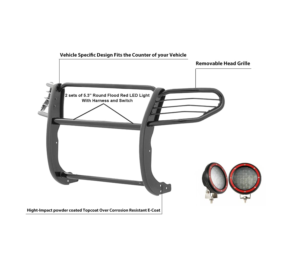 Bumper Guard Black Horse Grille Brush Modular Black Come with Pair of 5.3" Dia.LED Lights with Red Trim Rings Compatible with 2016-2019 Ford Explorer-17FJ30MA-PLFR