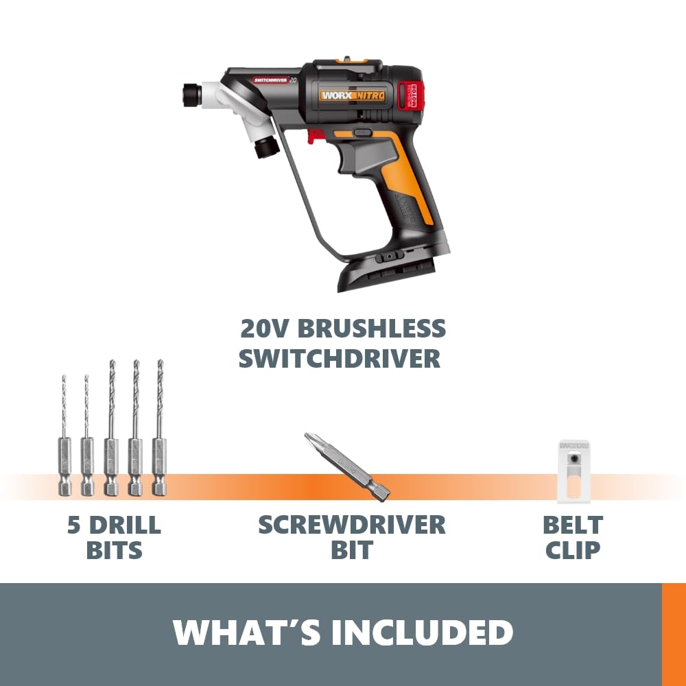 Worx 20V Nitro SwitchDriver 2.0, 2-in-1 Brushless Cordless Drill Driver, Dual 1/4" Chucks, Compact Cordless Drill with Digital Torque Setting - WX177L.9 (Tool Only), Black Orange