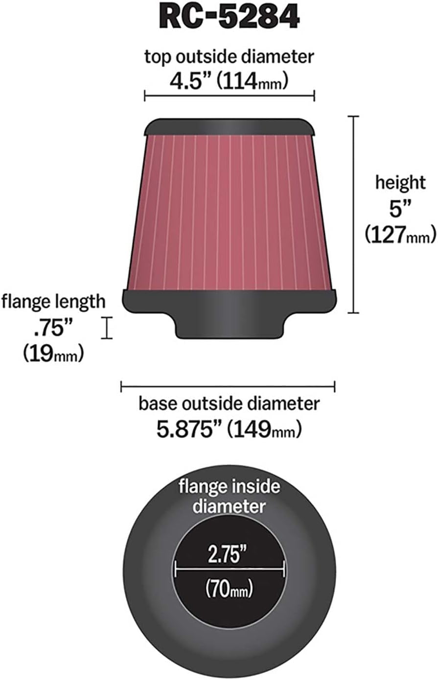 High-Flow K&N Original Lifetime Universal Clamp-On Air Filter: High Performance, Premium, Washable: Flange Diameter: 2.75 In, Filter Height: 5 In, Flange Length: 0.75 In, Shape: Round Tapered, RC-5284