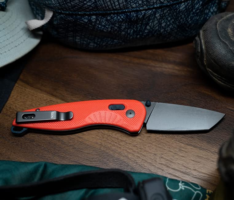 SOG Aegis AT Tanto Folding Outdoor Pocket Opening Knife, Ambidextrous AT-XR Lock With Ergonomic Handle,D2 Steel Blade,Built-In Blade Locking Safety and Spine-Mounted Safety System, Rescue RED & Indigo