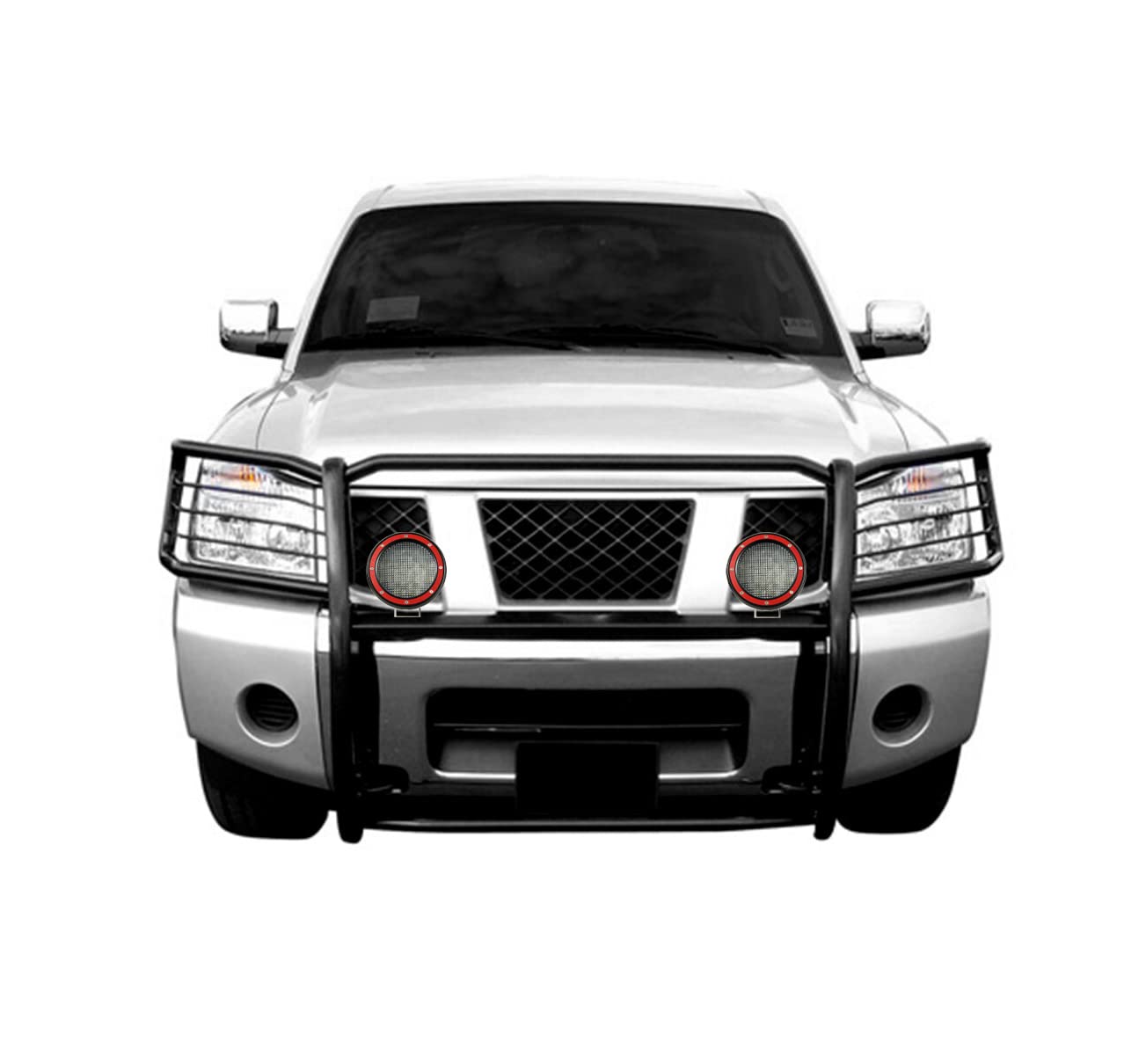 Bumper Guard Black Horse Grille brush Modular Come With Pair of 5.3" Dia.LED Lights with Red Trim Rings Compatible with 2005-2015 Armada|2004-2015 Titan Crew Cab&King Cab-17NR26MA-PLFR