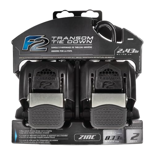 Fulton F2 Retractable Boat Transom Tie Down Straps (Pair of 2), 2 x 43 Inches Ratchet Tie Down Straps, 833 lbs. Capacity, 2,500 lbs. Break Strength.