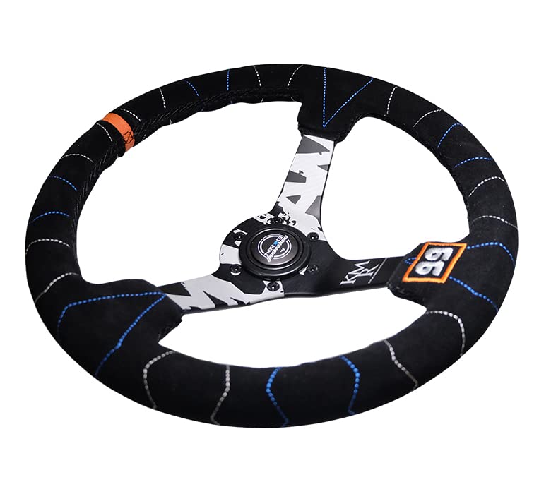 NRG Innovations Reinforced Steering Wheel NRG-RST-036MB-S-KMR - 3" Deep, 5mm Matte Black Spoke, 350mm Sport Steering Wheel Black Suede with Color Stitching