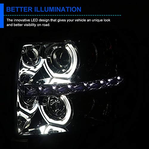 Chrome Housing Spec-D Tuning Clear Lens Halo Projector Headlights w/LED Compatible with 2007-2013 Chevy Silverado 1500, 2007-2014 Chevy Silverado 2500HD/3500HD, Left + Right Pair Headlamps Assembly