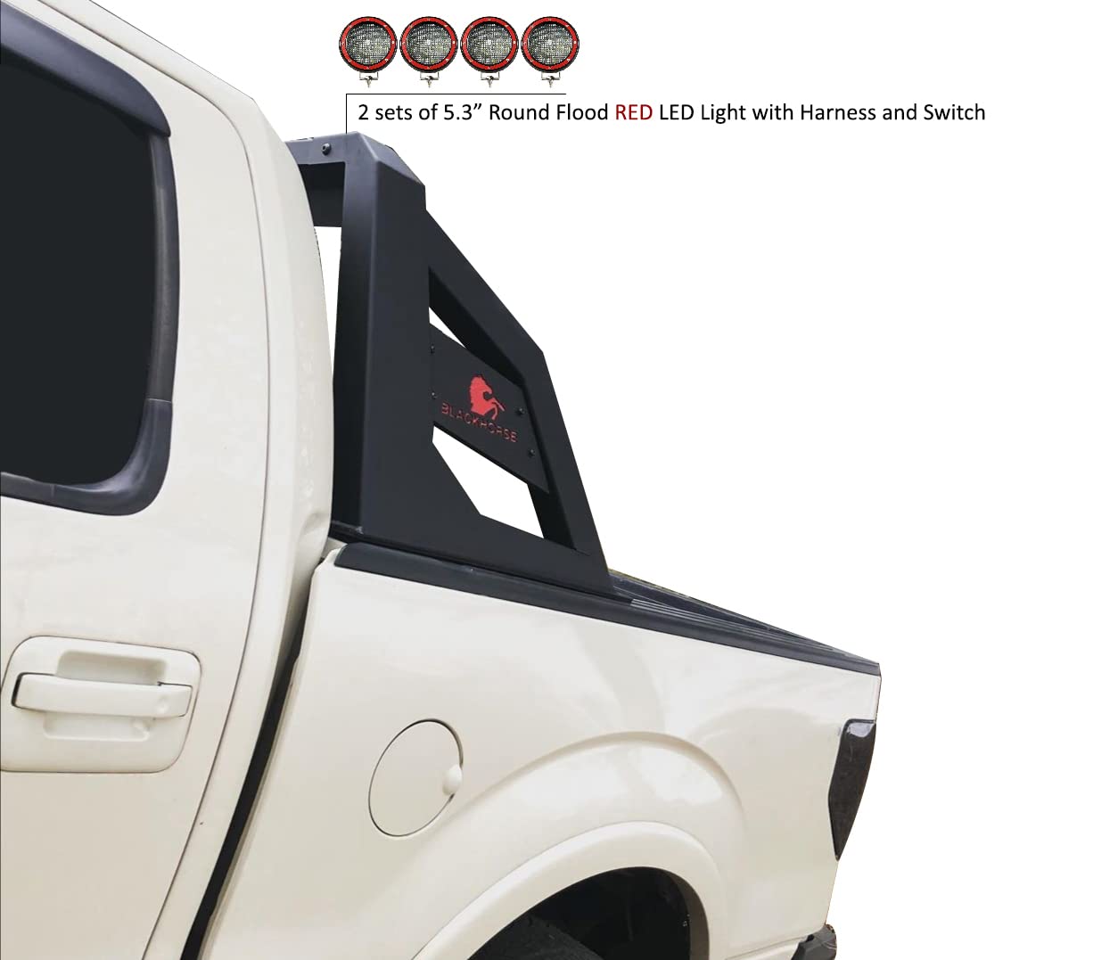 Armour Roll Bar Black Horse Incl. Set of 5.3" Dia.LED Lights w/Red Trim Rings Matte Black Compatible with 2005-2021 Nissan Frontier-ARB-NIFRB-PLFR