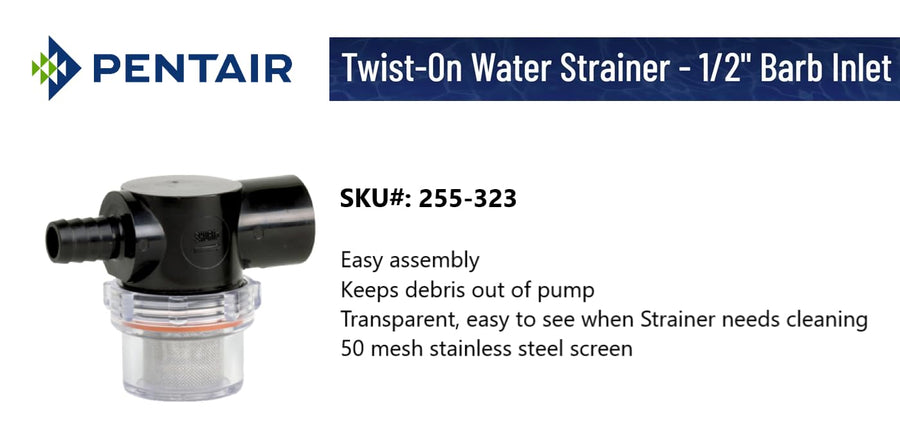 SHURFLO PENTAIR 255-323 Twist-On Water Strainer, 1/2" Barb Inlet, 1/2" NPSM Outlet
