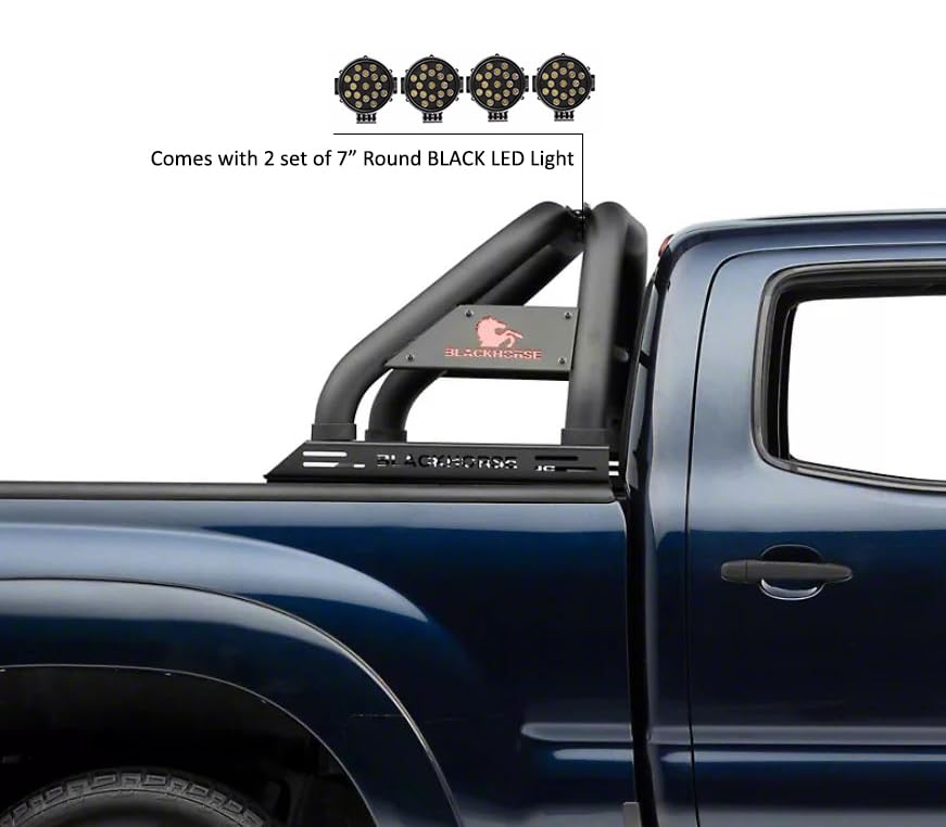 Classic Roll Bar Black Horse incl. Pair of 7.0" Dia. LED Lights w/Black Trim Rings Black Compatible with 2015-2024 Chevrolet Colorado|2015-2024 GMC Canyon-RB005BK-PLB