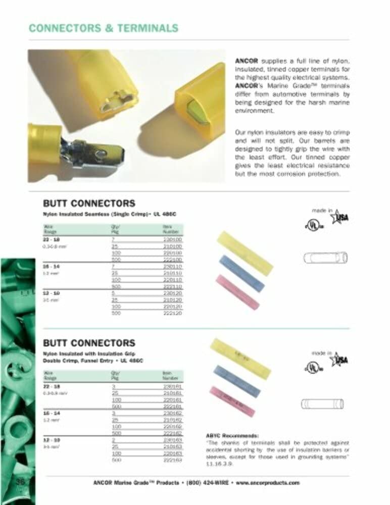 Marine Grade Ancor 210110 Electrical Nylon Insulated Single Crimp Butt Connectors (16 to 14-Gauge, 25-Pack)