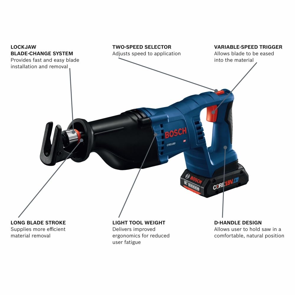 18V BOSCH CRS180-B15 D-Handle Reciprocating Saw Kit with (1) CORE18V 4 Ah Advanced Power Battery
