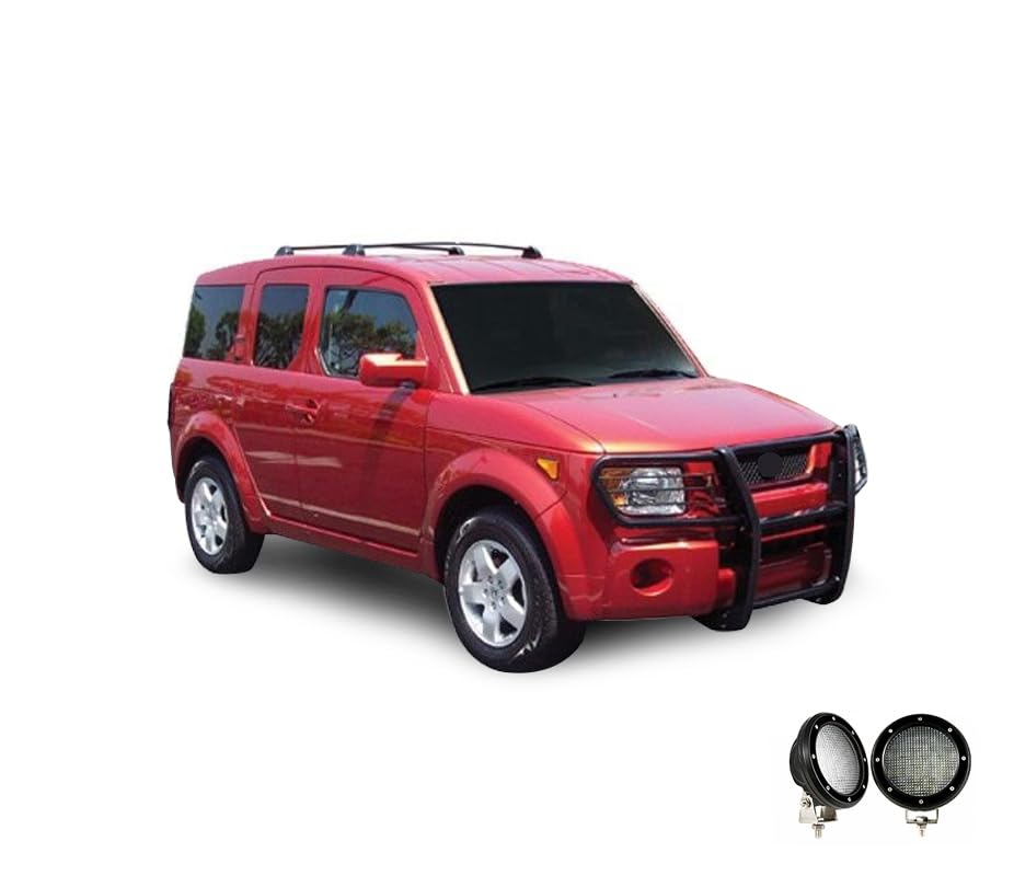 Bumper Guard Black Horse Grille Brush Modular Black Come with Pair of 5.3" Dia.LED Lights with Black Trim Rings Compatible with 2003-2008 Honda Element-17A155900MA-PLFB