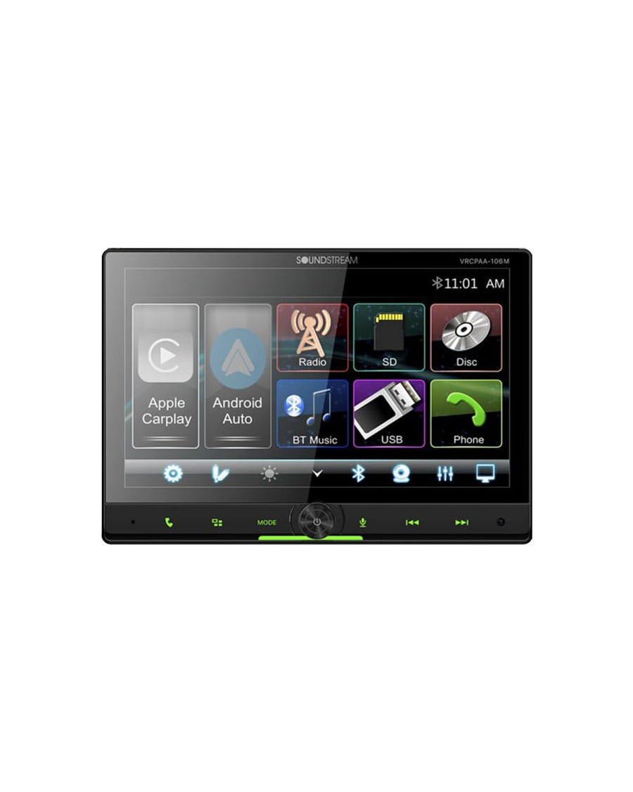 Soundstream Double DIN VRCPAA-106M Car Stereo - Apple CarPlay & Android Auto Head Unit, 10.6” Floating Touchscreen Car Stereo with Bluetooth, Aux Input, USB, SD, Mechless Headunit (No Disc/DVD Drive)