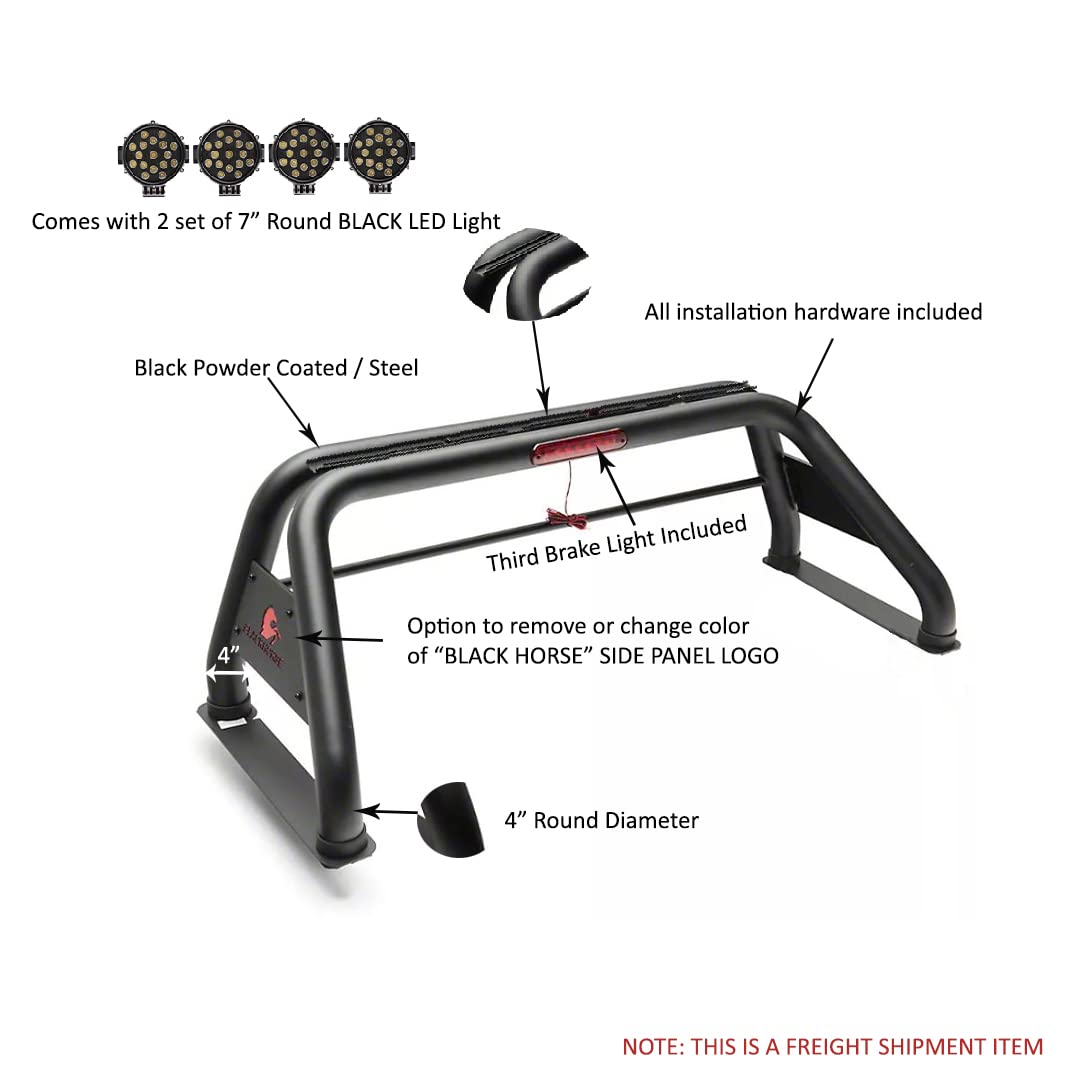 Classic Black Horse Roll Bar incl. Pair of 7.0" Dia. LED Lights w/Black Trim Rings Compatible with 2005-2021 Nissan Frontier-RB-NIFRB-PLB