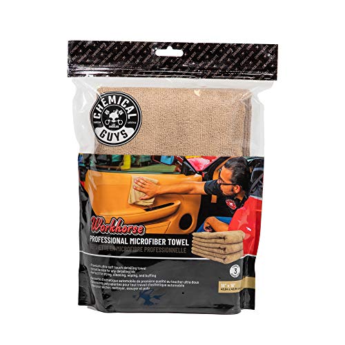 Chemical Guys MIC34403 Professional Workhorse Microfiber Towel, Tan (Safe for Car Wash, Home Cleaning & Pet Drying Cloths) 16" x 16", Pack of 3