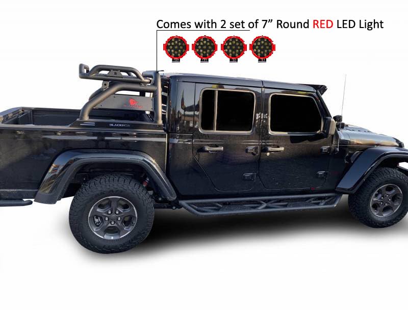 Atlas Black Horse Roll Bar Incl. Pair of 7.0" Dia. Led Lights w/Red Trim Rings Compatible with 2020-2024 Jeep Gladiator-ATRB9BK-PLR