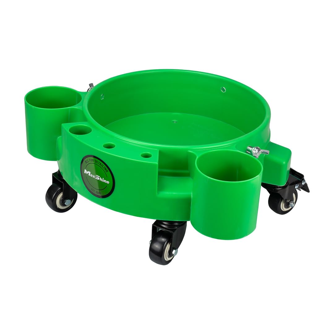 Maxshine Rolling Utility Cart Bucket Dolly, 5-Gallon, Green, Polypropylene, 5 Wheels, Tool Organizer | 360° Mobility, Stable Cleaning Supply Storage for Detailing and Workshop Use