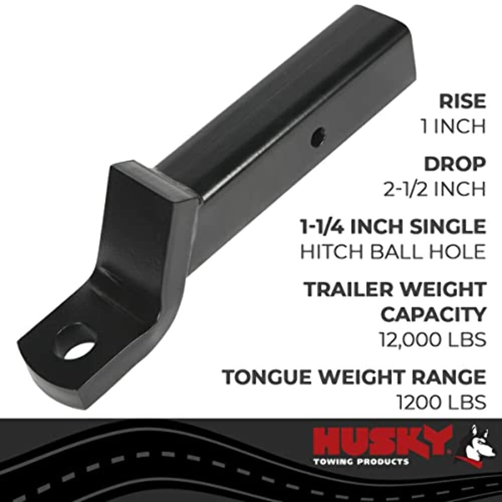 Husky 33004 Towing Class V Trailer Hitch Ball Mount Fits 2-1/2 Inch Receiver 2-1/2 Inch Drop 1 Inch Rise 9-1/2 Inch Shank 1-1/4 Inch Hitch Ball Hole Black Powder Coated Steel Without Ball