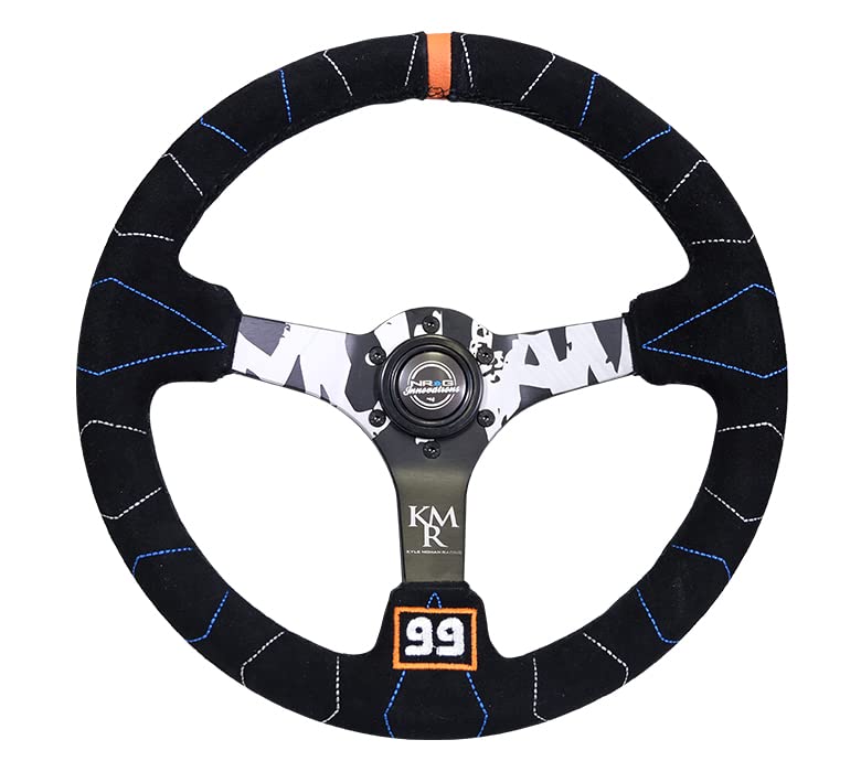 NRG Innovations Reinforced Steering Wheel NRG-RST-036MB-S-KMR - 3" Deep, 5mm Matte Black Spoke, 350mm Sport Steering Wheel Black Suede with Color Stitching