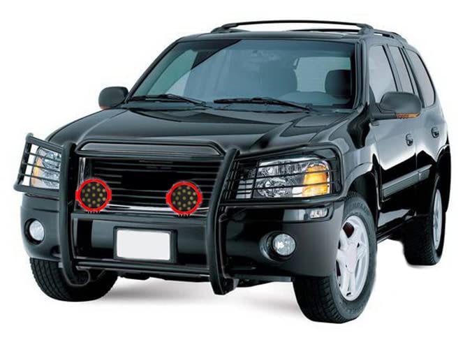 Black Horse Grille Brush Bumper Guard Black Modular Come with Pair of 7.0" Dia.LED Lights with Red Trim Rings Compatible with 2002-2006 GMC Envoy|2002-2006 GMC Envoy XL-17GD26MA-PLR