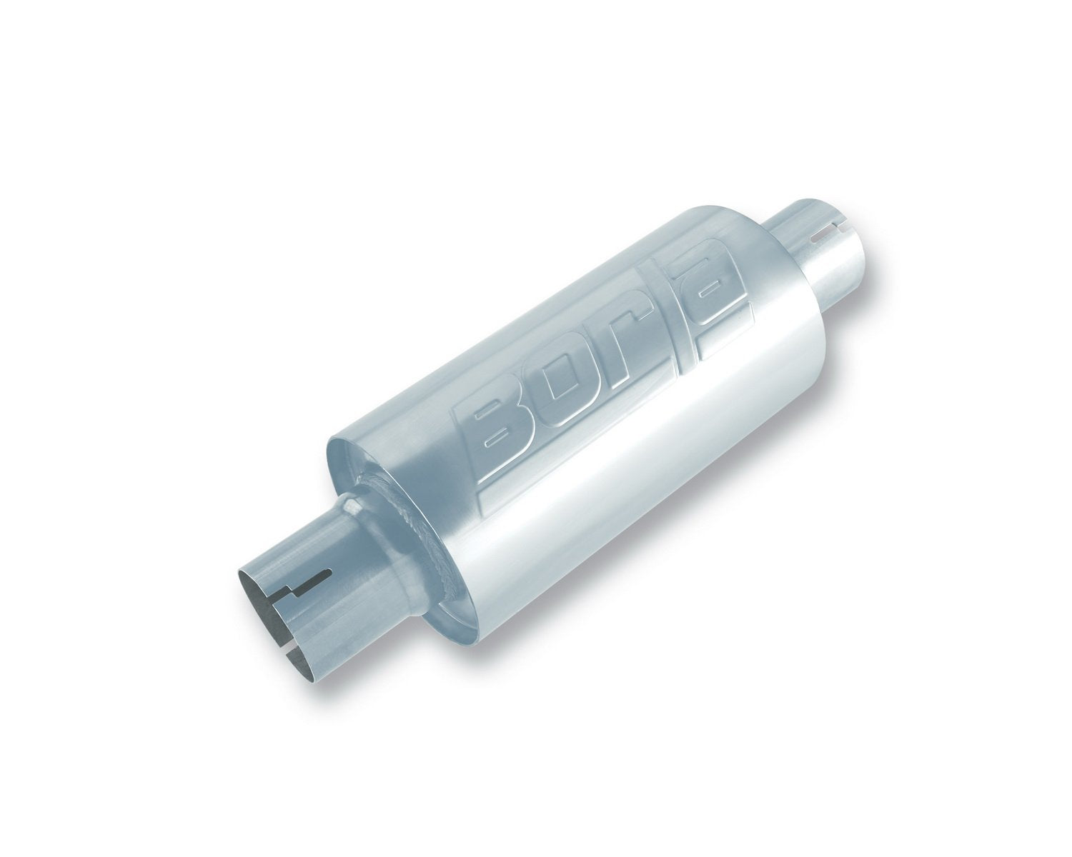 BORLA Specialty Universal Performance Muffler 40842S 2.5" Center Inlet / 2.5" Center Outlet 5" Round x 10" Long Body 15" Overall Length Un-Notched Necks Reversible Design T-304 Stainless Steel