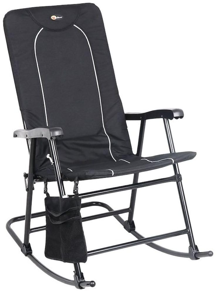 Dakota Faulkner Folding Rocking Chair Black Padded Seat and Backrest Lightweight Steel Frame Side Pouch 300 lb Capacity Foldable Outdoor Camping and Patio Chair