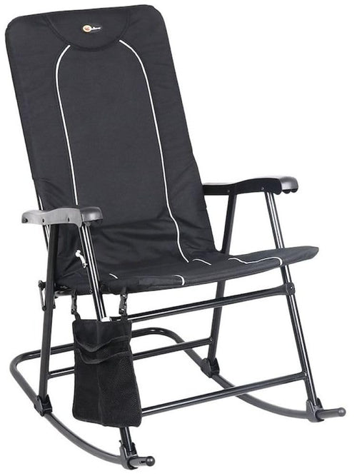 Dakota Faulkner Folding Rocking Chair Black Padded Seat and Backrest Lightweight Steel Frame Side Pouch 300 lb Capacity Foldable Outdoor Camping and Patio Chair