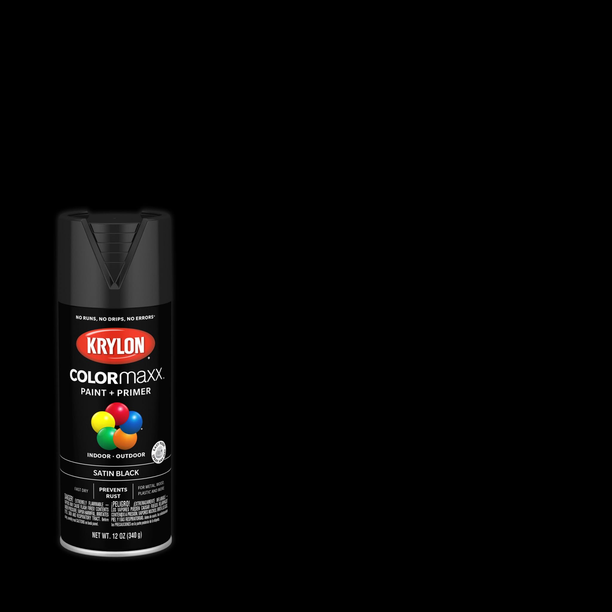 Krylon K05557007 Spray Paint and Primer COLORmaxx for Indoor/Outdoor Use, Satin Black 12 Ounce (Pack of 1)