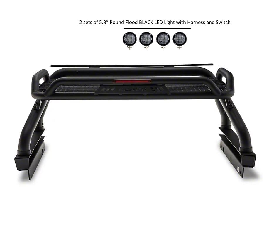 Atlas Roll Bar Black Incl. Set of 5.3" Dia.Led Lights w/Black Trim Rings Compatible with 2005-2021 Nissan Frontier-ATRB7BK-PLFB