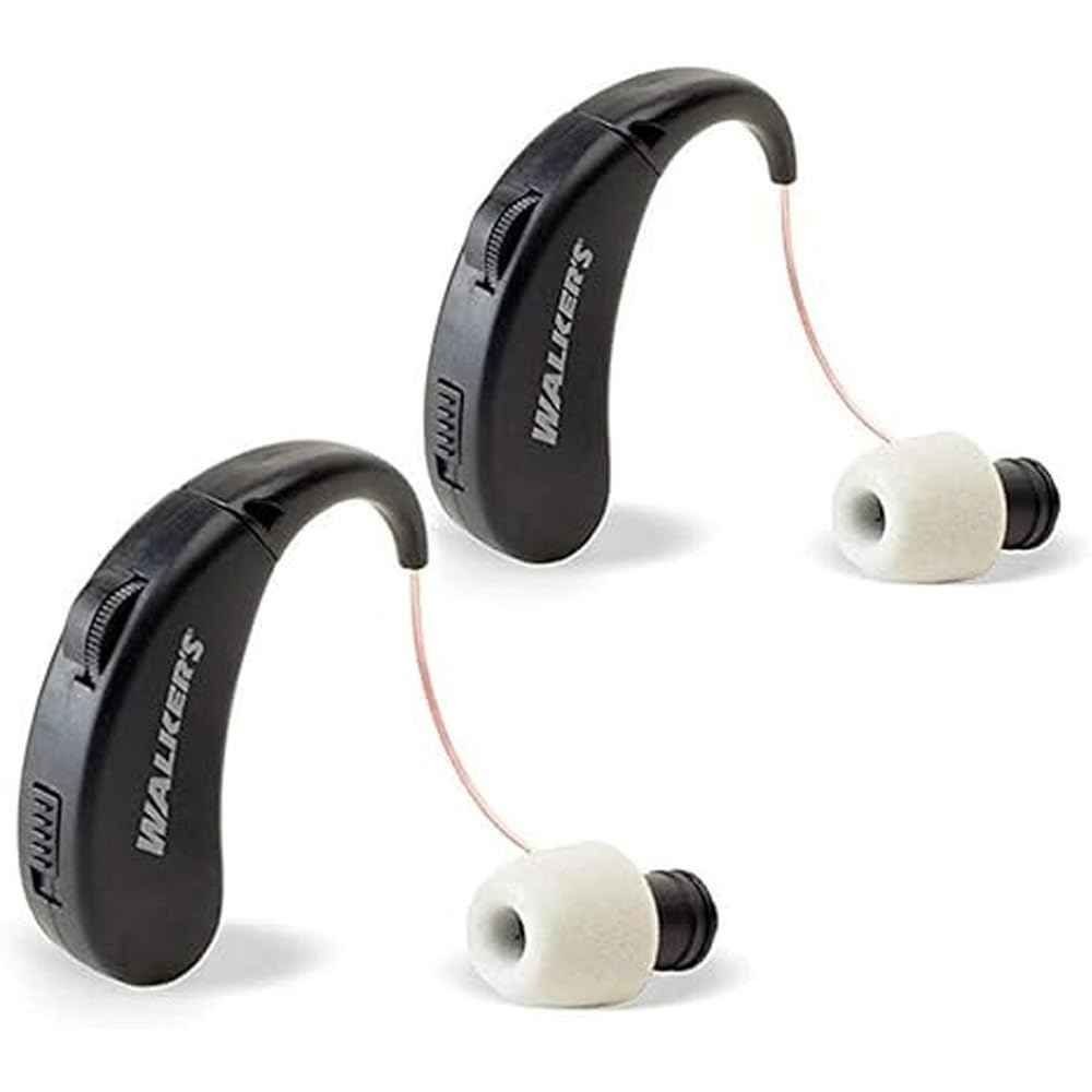 Walker's Rechargeable Ultra Ear BTE Compact Adjustable 22dB Noise Reduction Hunting Outdoor Sound Amplifier Hearing Enhancer | Ear Tips, USB Charging Cable, Cleaning Brush - 2 Pack