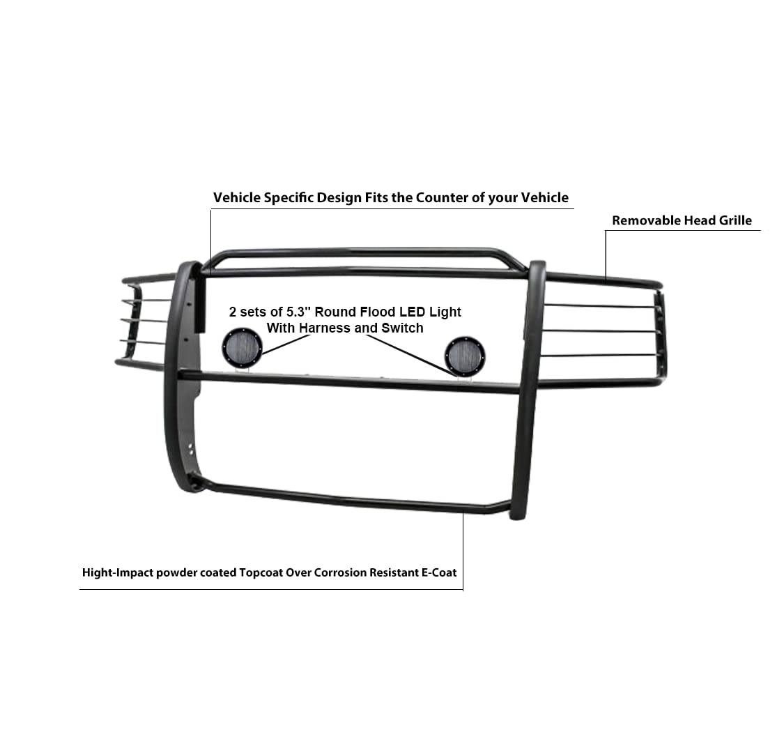 Grille Brush Black Horse Bumper Guard Modular Black Come with Pair of 5.3" Dia.LED Lights with Black Trim Rings Compatible with 2001-2012 Ford Ranger|2001-2012 Ford Ranger-17FR20MA-PLFB