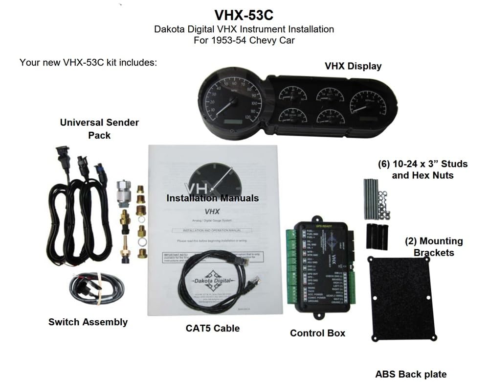 Dakota Digital VHX-53C-K-B 53 54 Chevy Car Analog Dash Gauge System Black Alloy Blue