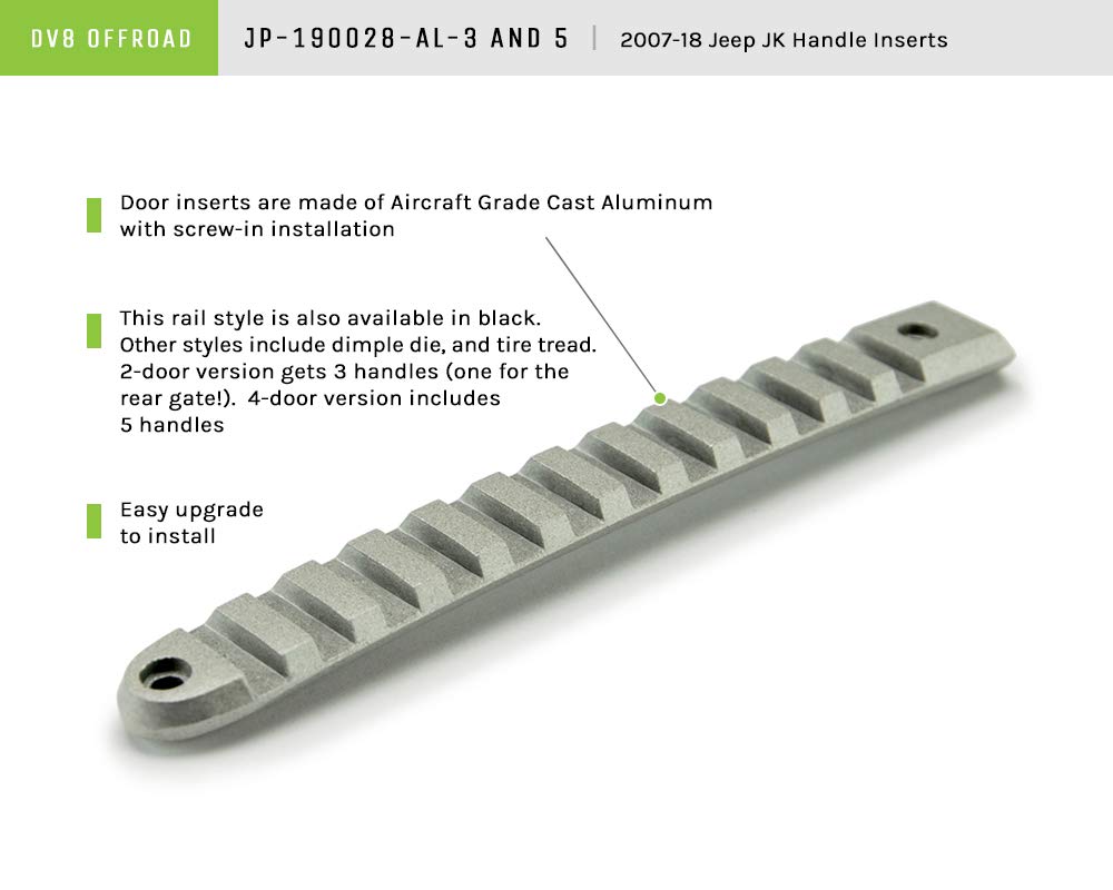 Door Handle Insert Set DV8 Offroad for 2007-18 Wrangler JK | Slotted Pic Rail Design | Aluminum Construction | Anodized Finish | Simple Screw-in Installation | Complete Kit