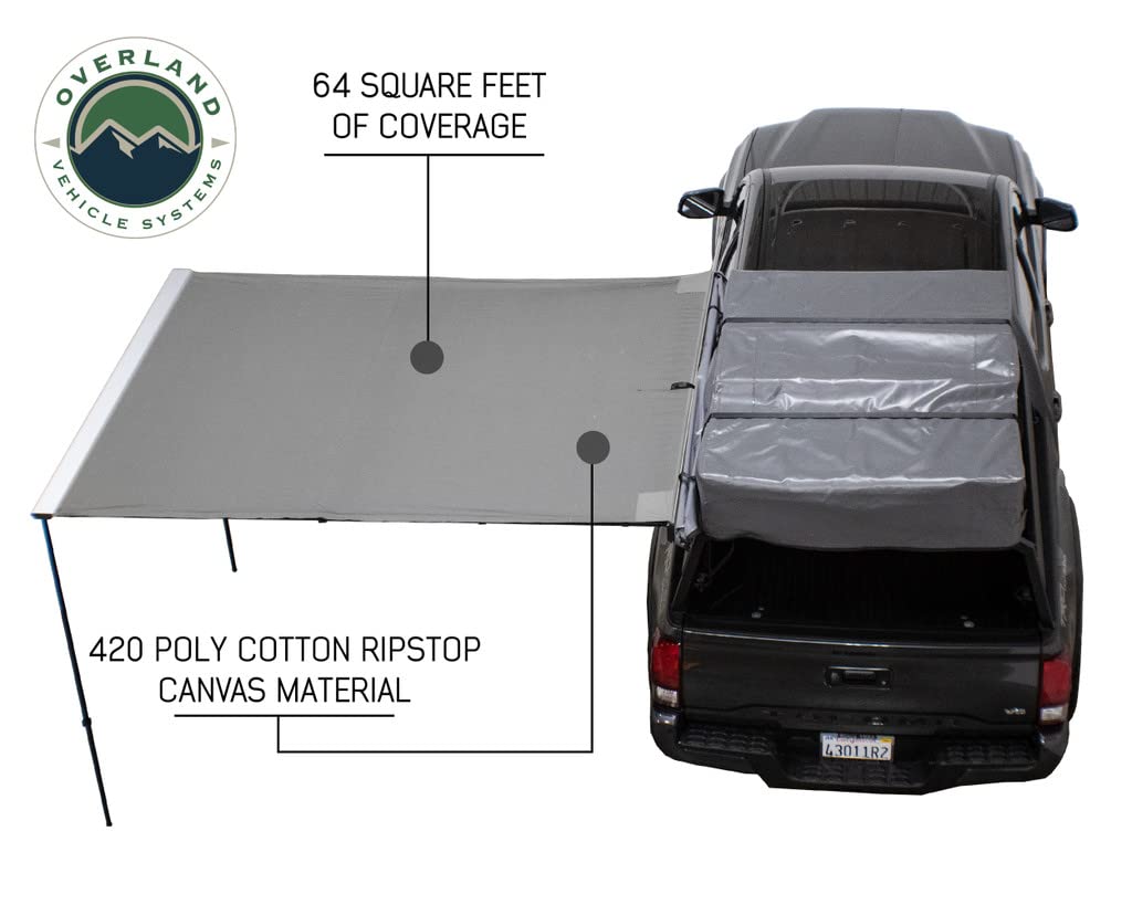 Overland Vehicle Systems Nomadic HD 2.5-8.0' Awning - 280G Poly Cotton Rip Stop Grey Body, Green Trim & 1000G PVC Black Travel Cover - 69 Square Feet of Coverage - Universal Fitment