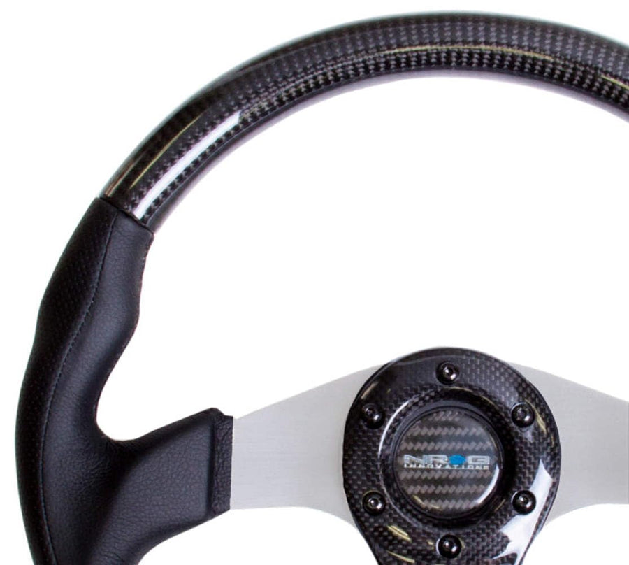 NRG Innovations Carbon Fiber NRG-ST-013CFSL Steering Wheel 350mm, Silver Oval Shape with Leather Trim