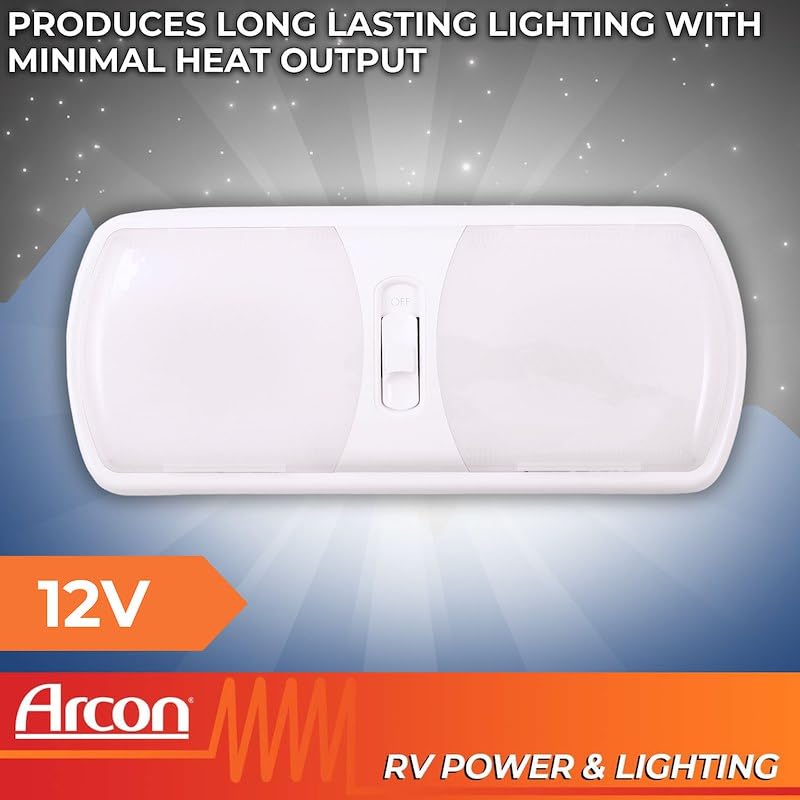 LED Ceiling Double Light Arcon 20714N – Euro-Style 12V Soft White Dome Fixture with White Lens, 11.56 x 4.95 Inch, 3-Position Switch, Compact Interior Lighting for RV, Camper, Trailer