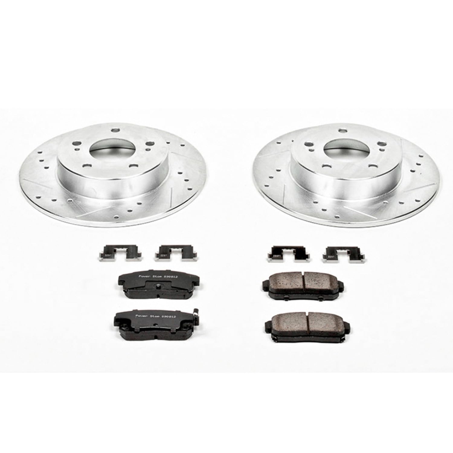Rear Power Stop K1169 Z23 Carbon Fiber Brake Pads with Drilled & Slotted Brake Rotors Kit For INFINITI I30 2001, INFINITI I35 2002-2004, Nissan Maxima 2001-2003 [Model Specific]