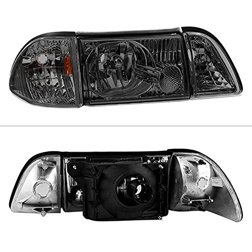 Xtune HD-JH-FM87-6PC-AM-SM Headlight (87-93 Ford Mustang OEM style s with Corner Parking Lights 6pcs Amber - Smoked)