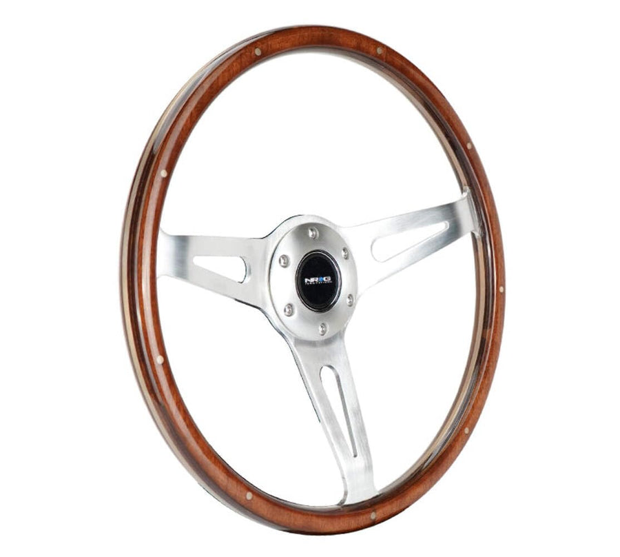 NRG Innovations Steering Wheel NRG-ST-065 - Classic Wood Grain Wheel, 380mm, 3 Spoke Center in Polished Aluminum, Wood with Metal Accents